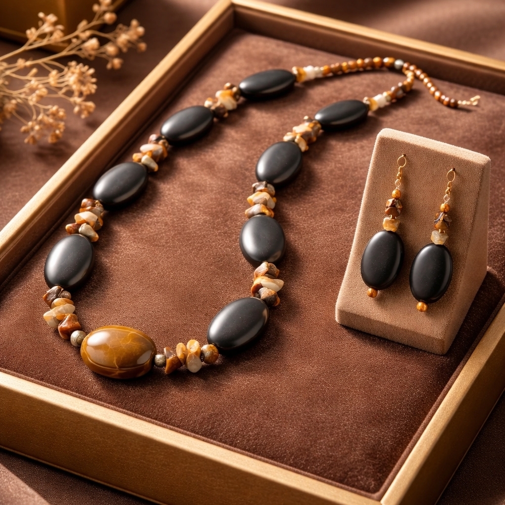 Black Onyx Gemstone Tiger Eye Chip Bead Hesihi Choker Necklace Earrings Set